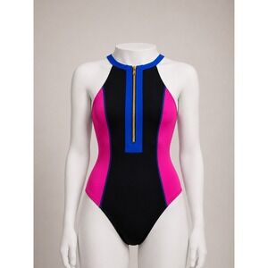 BikiniX Womens Small One Piece Swimsuit Colorblock High Neck Zip Front NIP